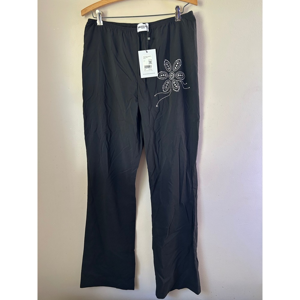 Princess Polly Quotation Diamante Flare Pants Black Rhinestone Flower US 6 Glam‎